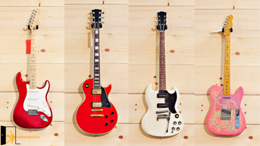 image displays Different electric guitars