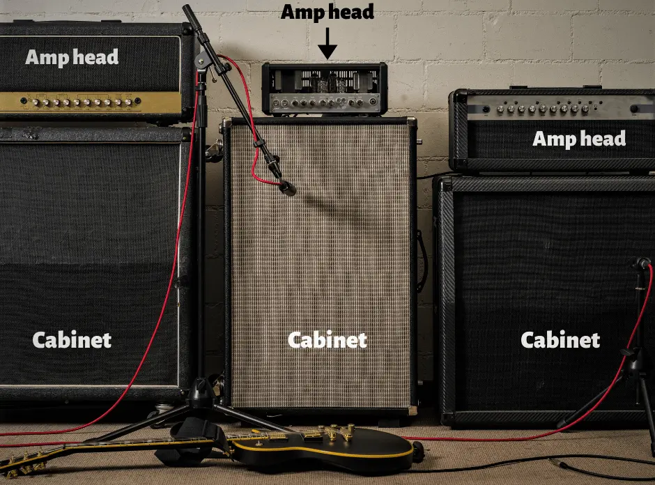 Photo helps readers to see how guitar amp heads and guitar cabinets look