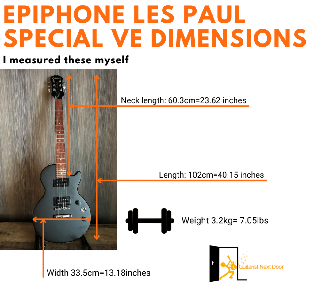 image displays Epiphone Les Paul Special Vintage Edition(VE) dimensions and weight