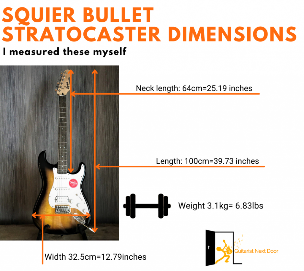 image displays Squier Bullet Stratocaster dimensions and weight