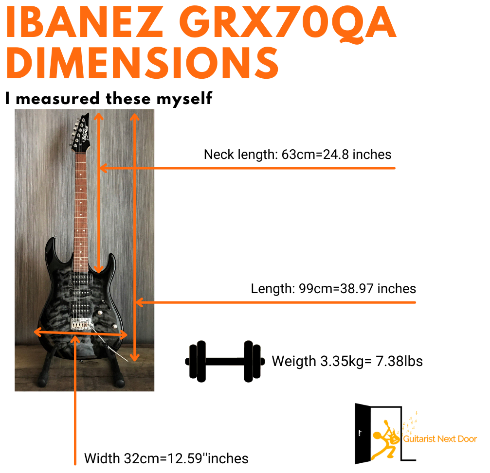 image displays Ibanez grx70qa dimensions and weight