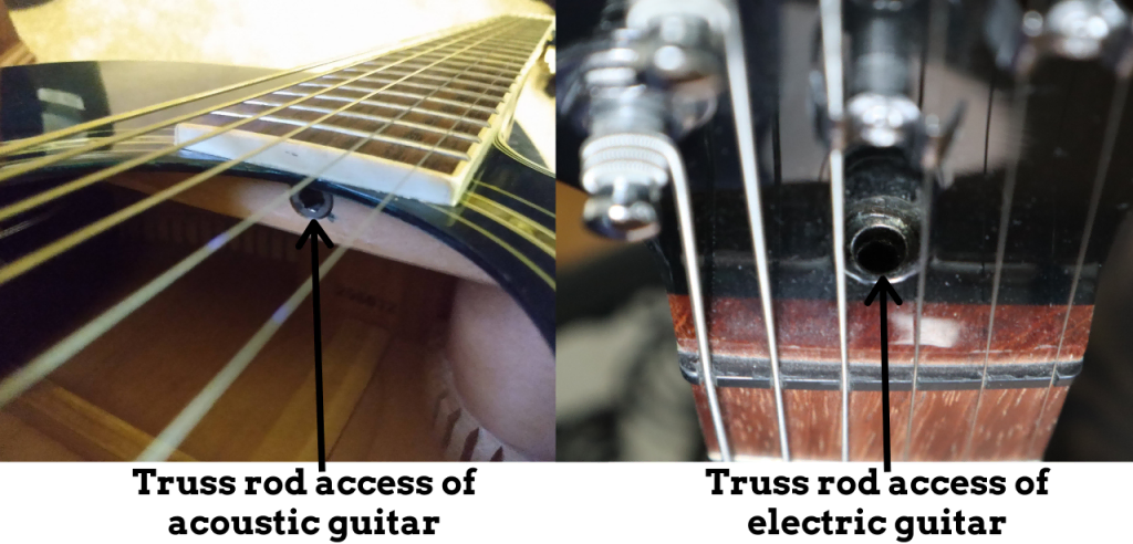 photo reveals truss rod access of acoustic and electric guitar