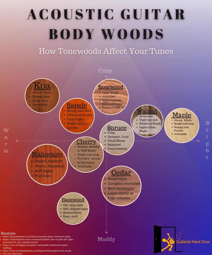 Graphic compares acoustic guitar tonewoods