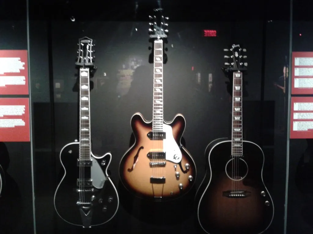 displays George Harrison's 1957 Gretsch G6128 Duo Jet and other guitars the beatles used