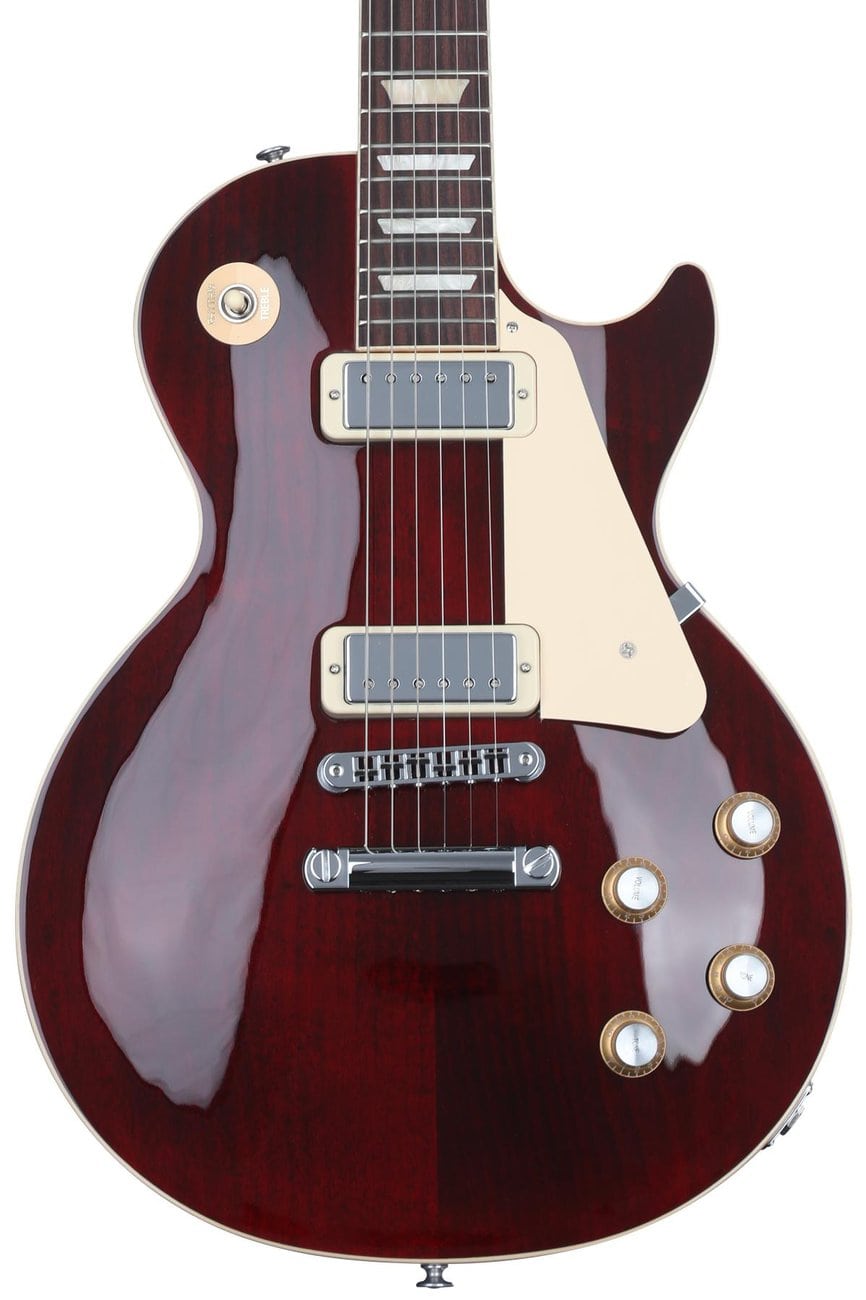 image shows Gibson Les Paul Deluxe 70s Electric Guitar in Wine Red